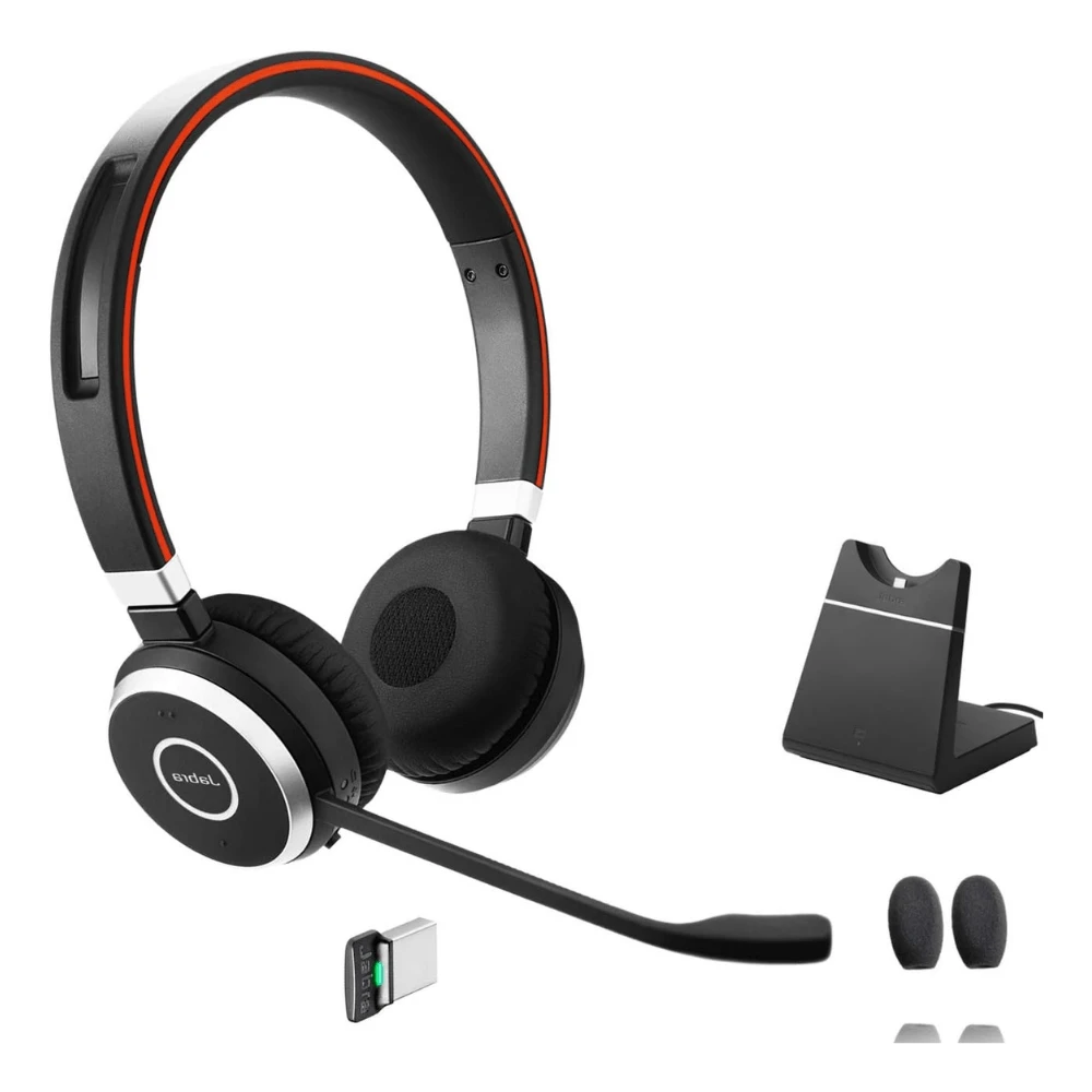 Jabra Evolve 65 Bluetooth Stereo Headset Bundle – MS Version | Noise-Canceling | Wireless | Charging Stand & USB Dongle