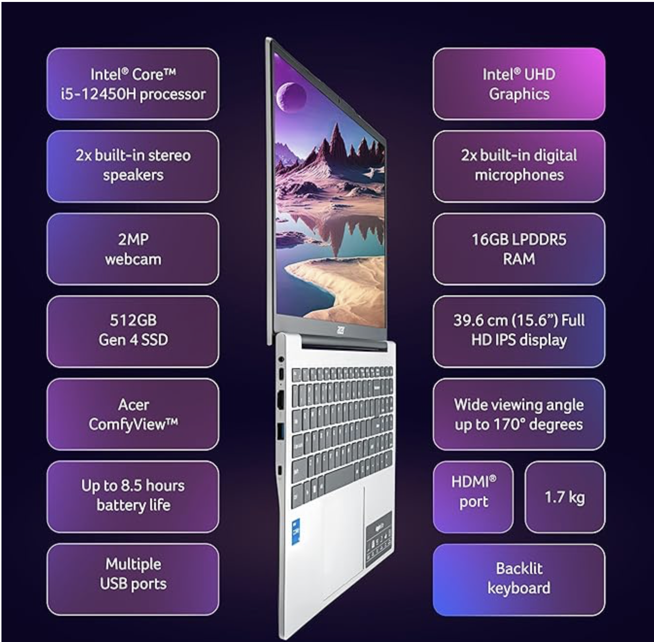 acer Aspire Lite, 12th gen, Intel Core i5-12450H Processor, 16 GB, 512GB, 15.6"/39.62 cm, Windows 11
