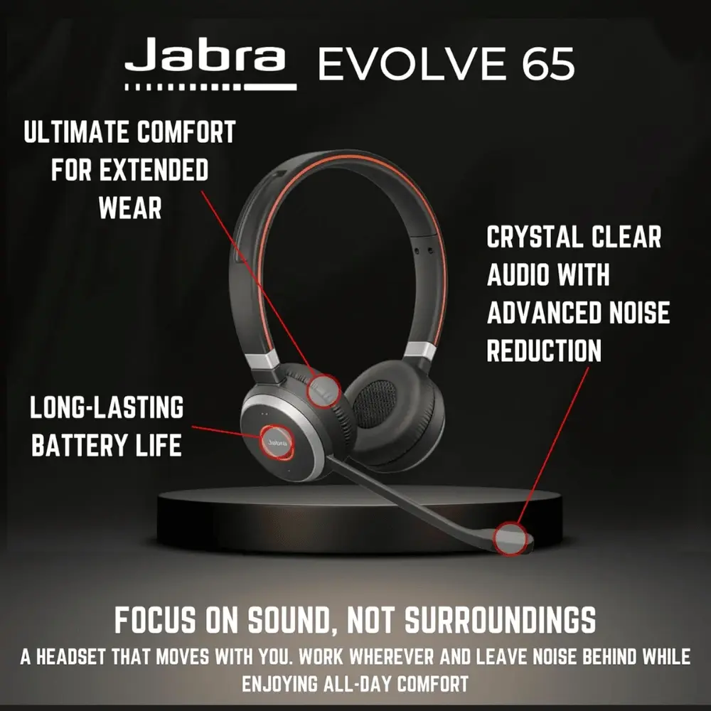 Jabra Evolve 65 Bluetooth Stereo Headset Bundle – MS Version | Noise-Canceling | Wireless | Charging Stand & USB Dongle